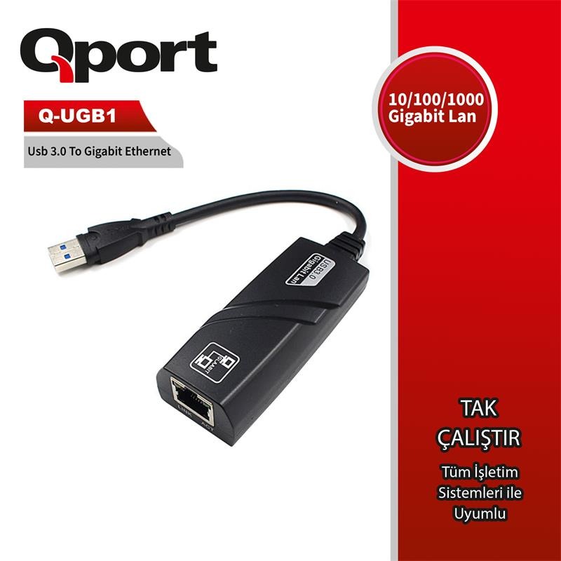 QPort Ethernet USB Çevirici Adaptör USB(3.0)/Ethernet 0,20 Mt(Metre) Q-UGB1