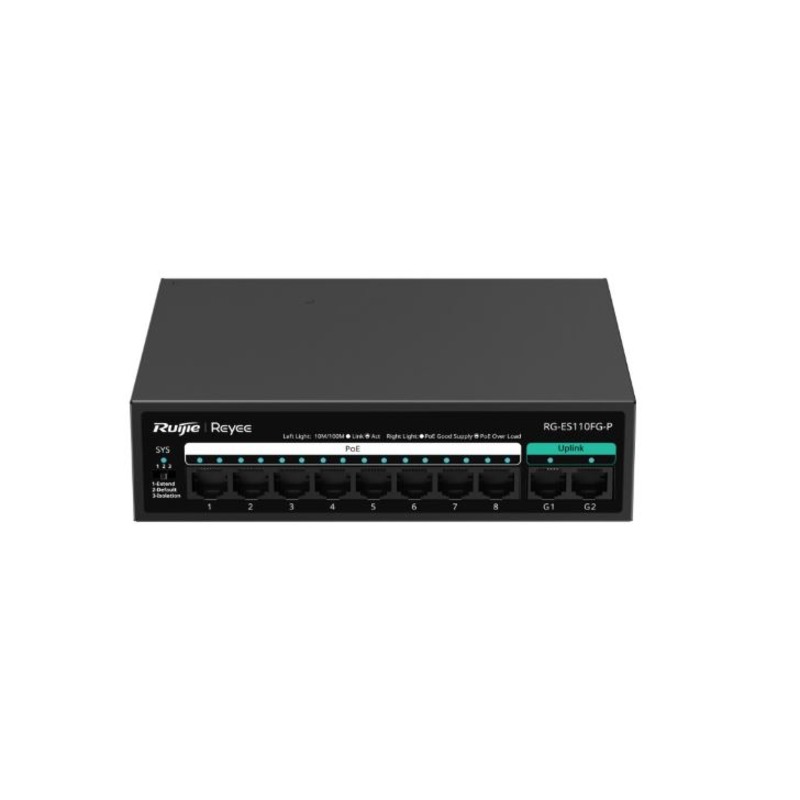 Ruijie - Reyee RG-ES110FG-P 8x PoE Port Fast (10/100) 2x Uplink Gigabit (10/100/1000) - - 110 W Yönetilmez Switch Deskto